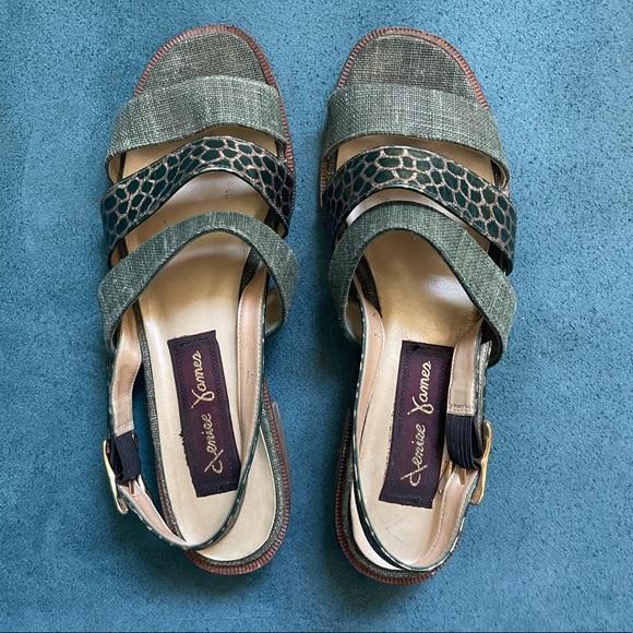 Green and gold sandals (linen & leather) with chunky low heel - Picture 6 of 7